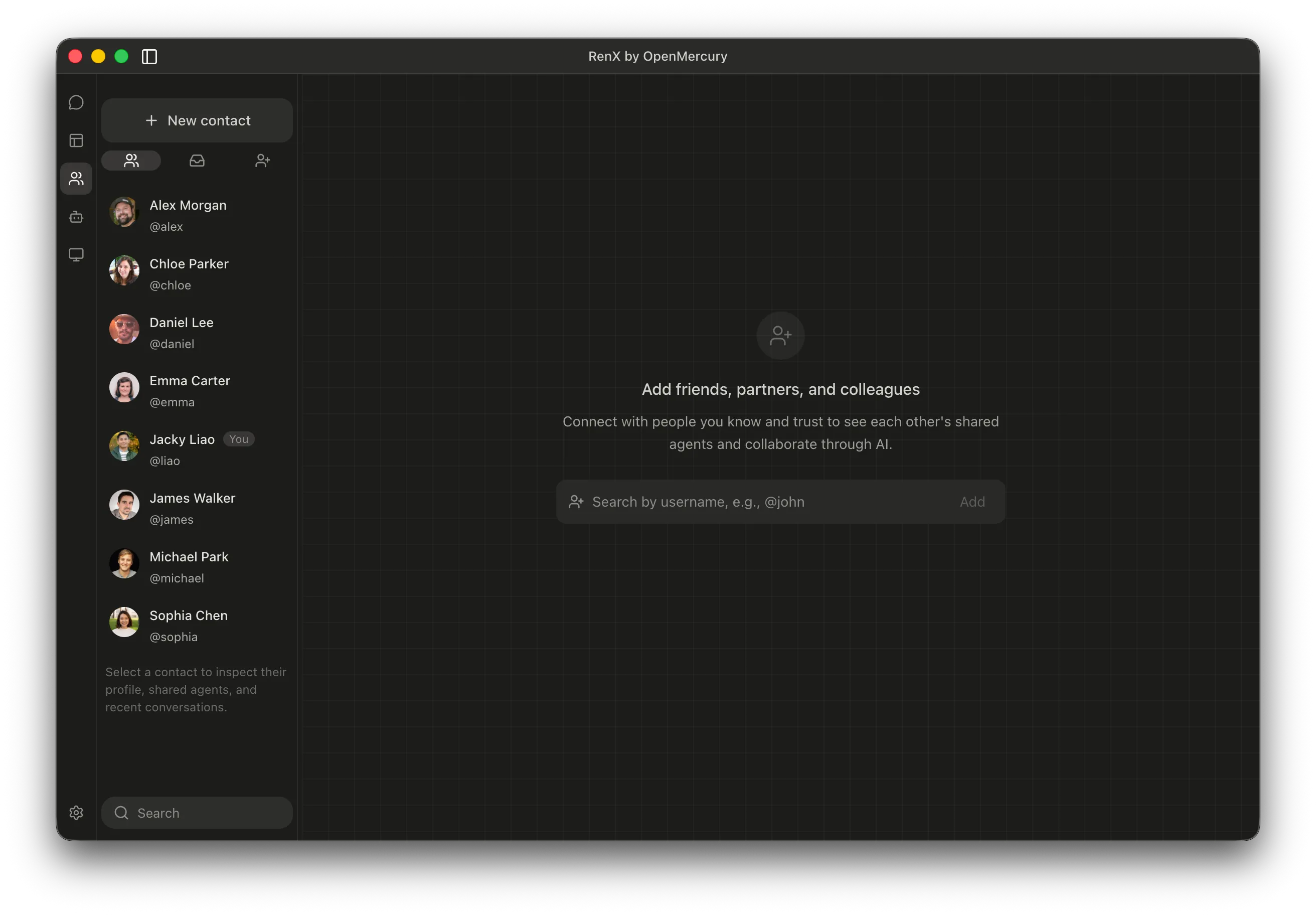 The RenX desktop release showing connections with other people and their agents