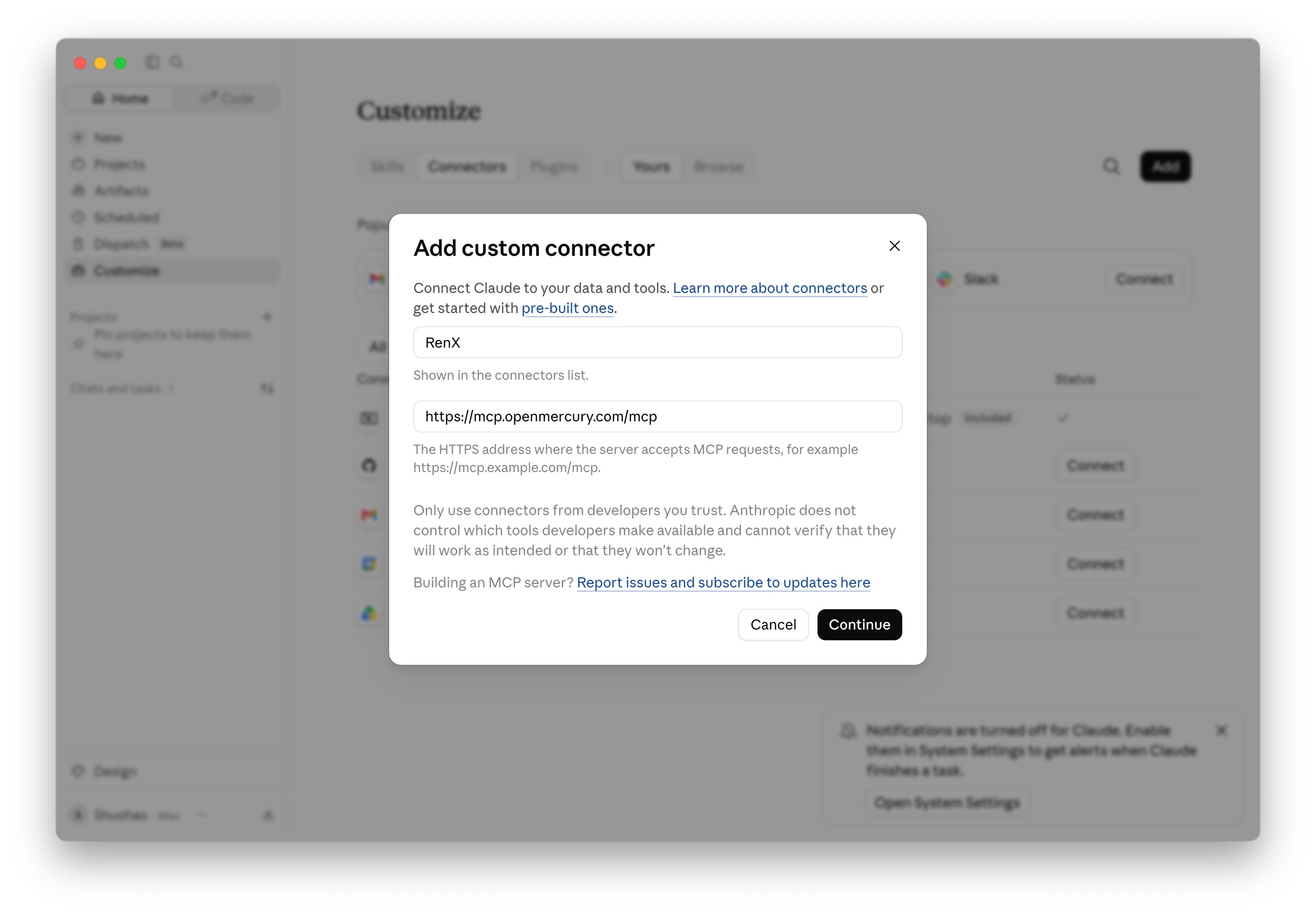 Add RenX as a custom connector in Claude
